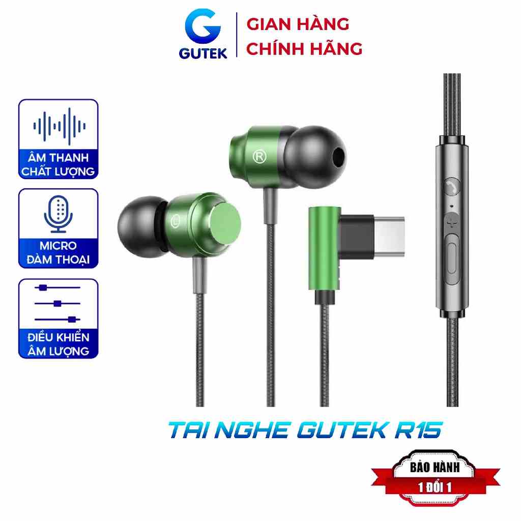 Tai nghe có dây nhét tai Gutek R15 cổng jack cắm Type-C chống ồn tích hợp micro âm bass hay