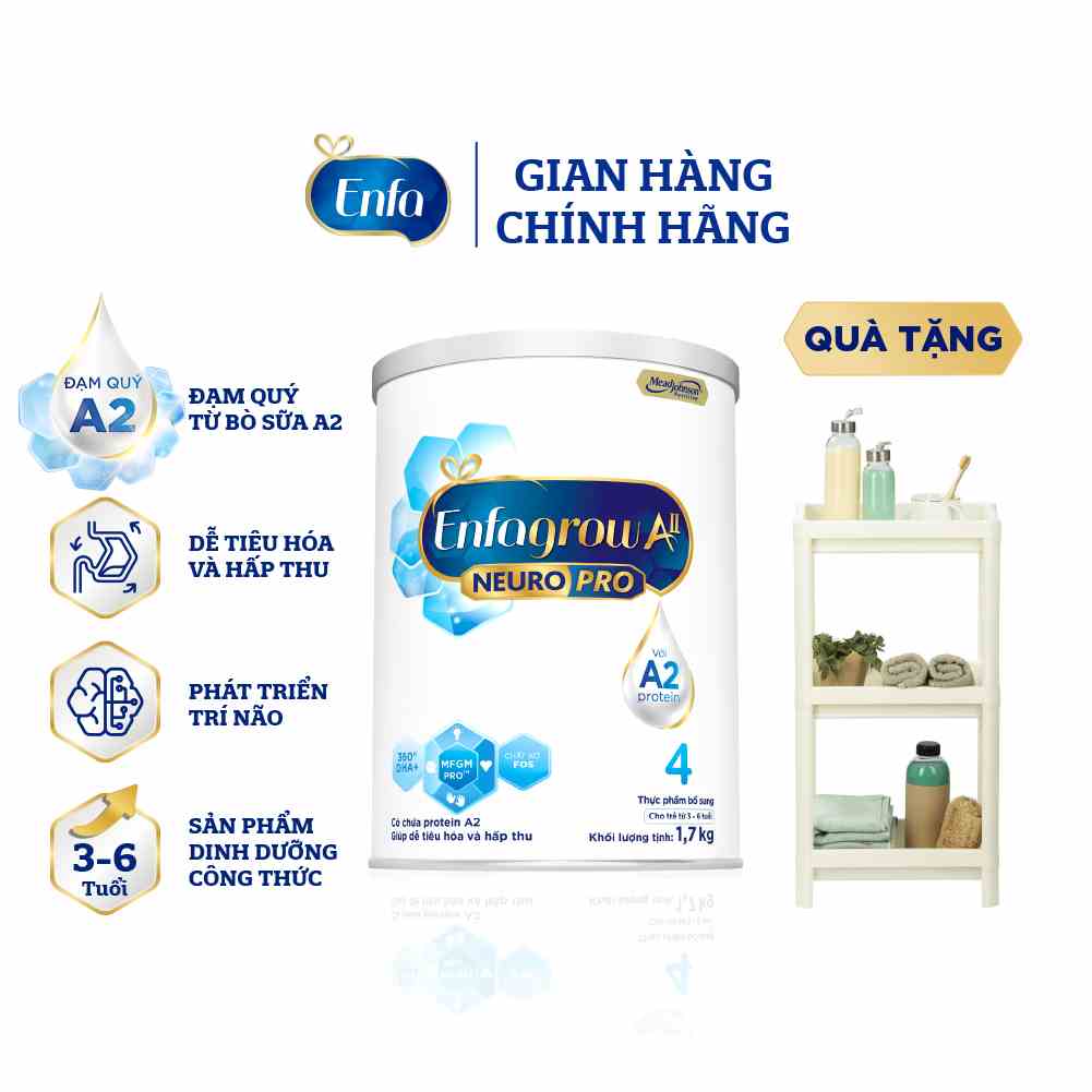 [Tặng kệ 3 tầng] Sữa bột Enfagrow A2 - 1.7 kg Neuro Pro 4 dành cho trẻ 3-6 tuổi