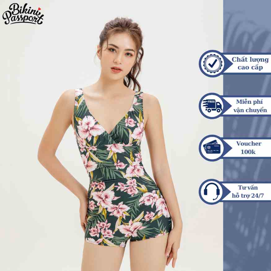 Đồ bơi Nữ BIKINI PASSPORT kiểu Một mảnh cổ V quần short - màu Xanh rêu - BS370_MS