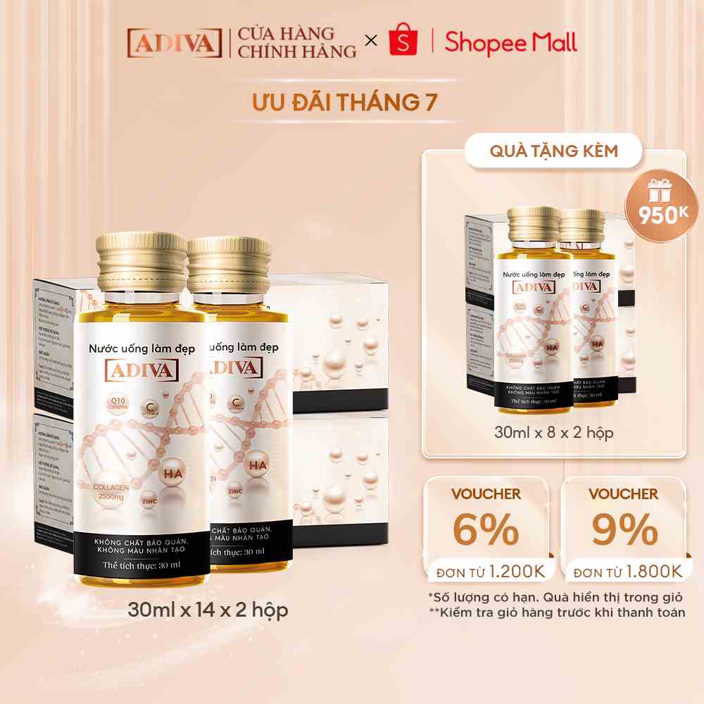 Combo 2 Hộp Nước Uống Làm Đẹp Collagen ADIVA (14 Chai/Hộp)