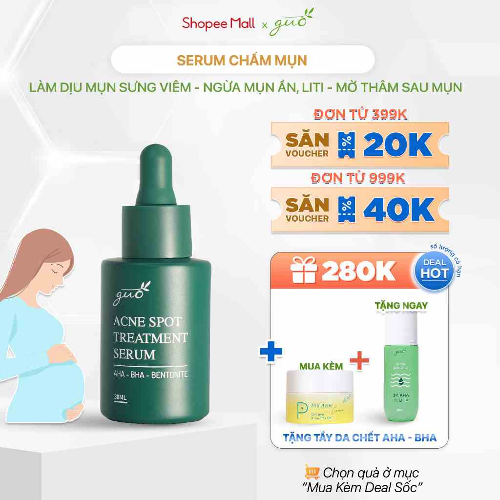 [Tràm trà, chấm mụn] Tinh chất Serum Sạch Mụn Mờ Thâm Gom Mụn cho bà bầu GUO 30ml