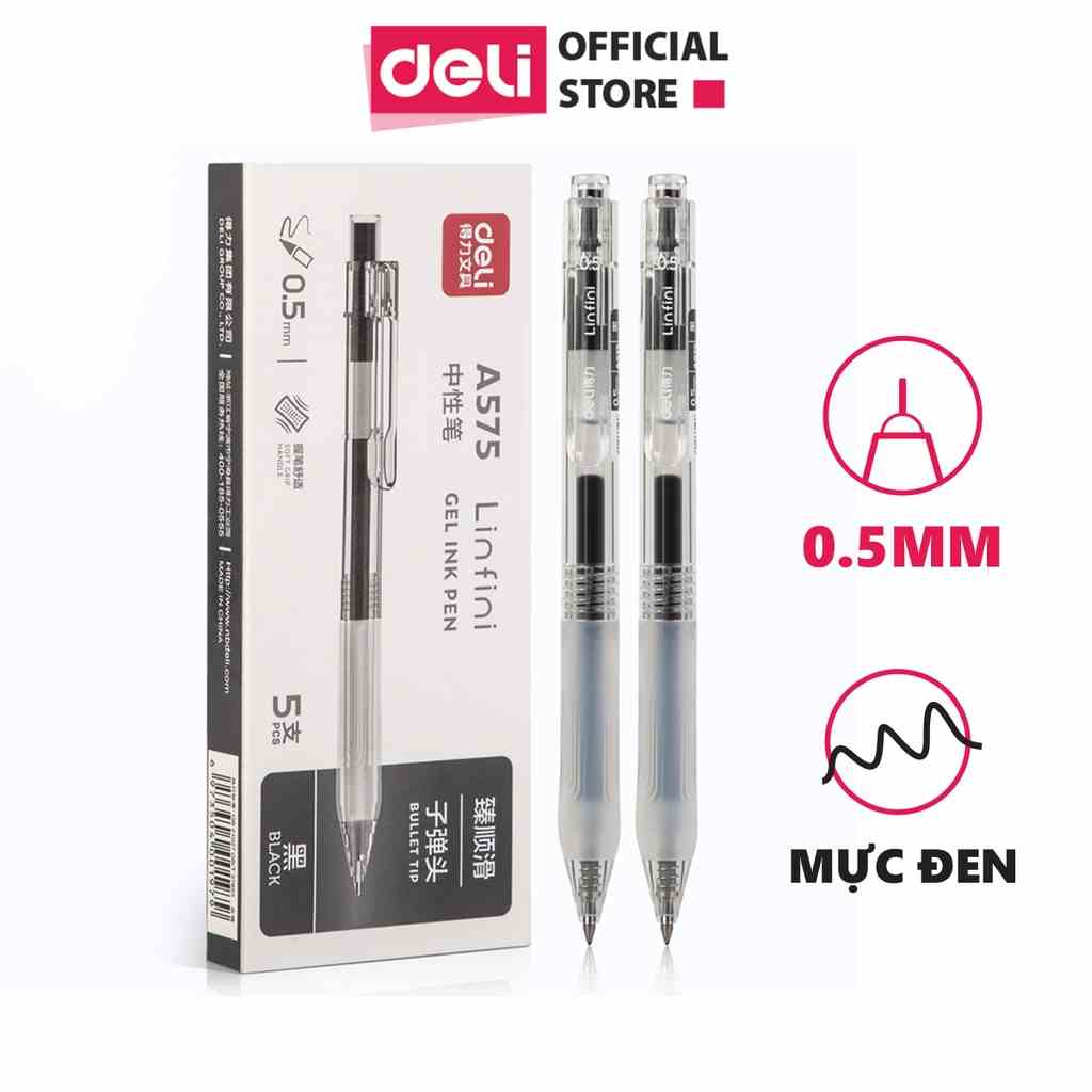 Bút bi nước bút gel bút mực bấm văn phòng Deli mực đen ngòi 0.5mm học sinh mực đều A575 - có ruột thay thế - 1 chiếc