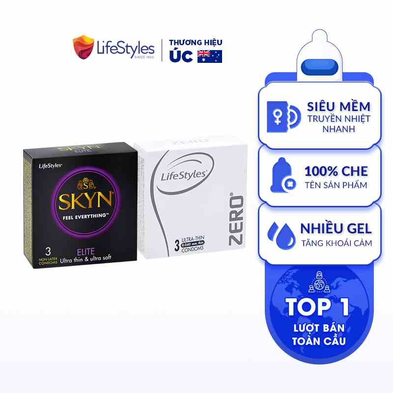 Combo 1 Hộp Bao Cao Su LifeStyles SKYN Elite Non-latex 3 bao + 1 Hộp Bao Cao Su LifeStyles Zero 3 bao