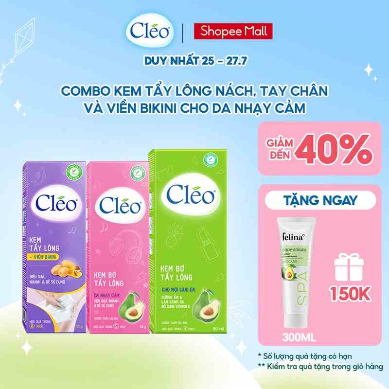 Bộ tẩy lông toàn thân Cléo 190g cho da nhạy cảm an toàn, hiệu quả, kem tẩy lông nách, chân tay và bikini