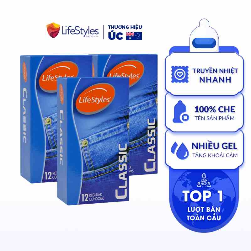 Combo 3 Bao Cao Su Ôm Sát Nhiều Gel LifeStyles Classic Thiết Kế Mỏng Chuẩn Size 100% Không Rách Bao - Hộp 12 bao