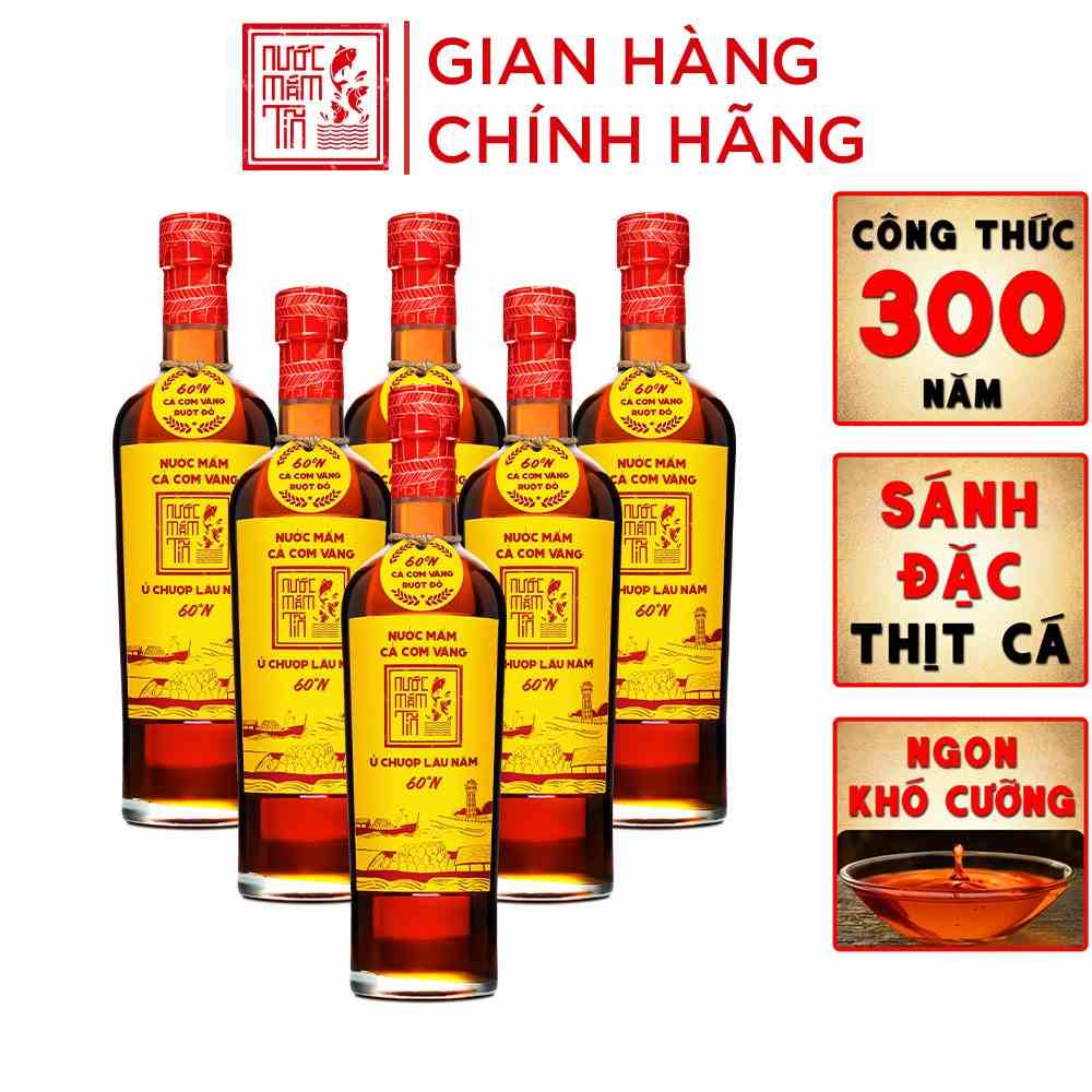 [Thùng 6 nước mắm 60N - 500ml] Nước Mắm Tĩn Cá Cơm Vàng Ruột Đỏ Độ Đạm 60N Chai Thuỷ Tinh 500ml/chai Truyền Thống