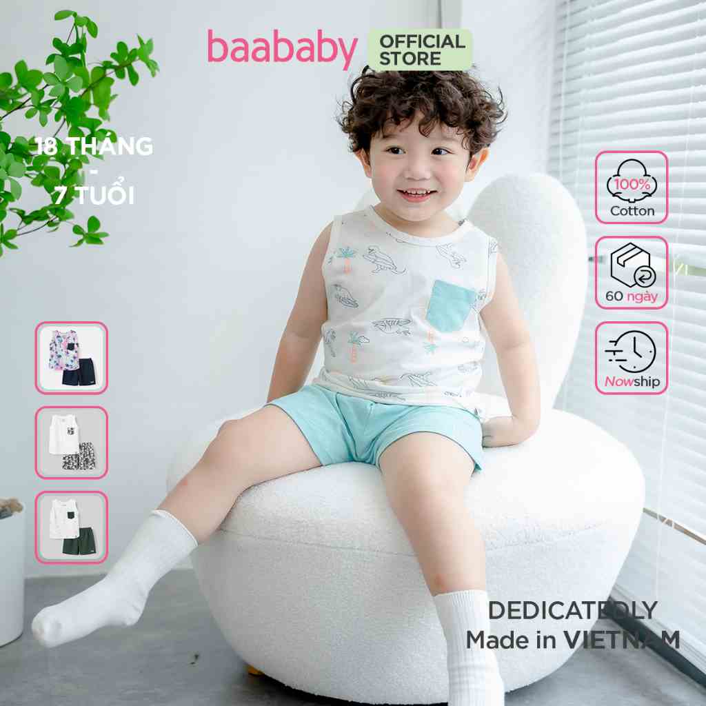 Bộ ba lỗ bé trai. đồ bộ bé trai, bộ cộc tay cho bé thun cotton họa tiết từ 1 tuổi - 7 tuổi - Baababy