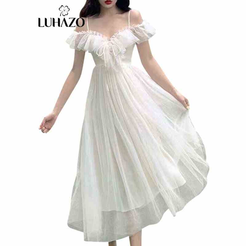 Váy trắng đi biển nữ LUHAZO đẹp trễ vai maxi 2 dây dài rộng bigsize  kiểu Hàn Quốc vintage hở lưng 1111 DK14T302