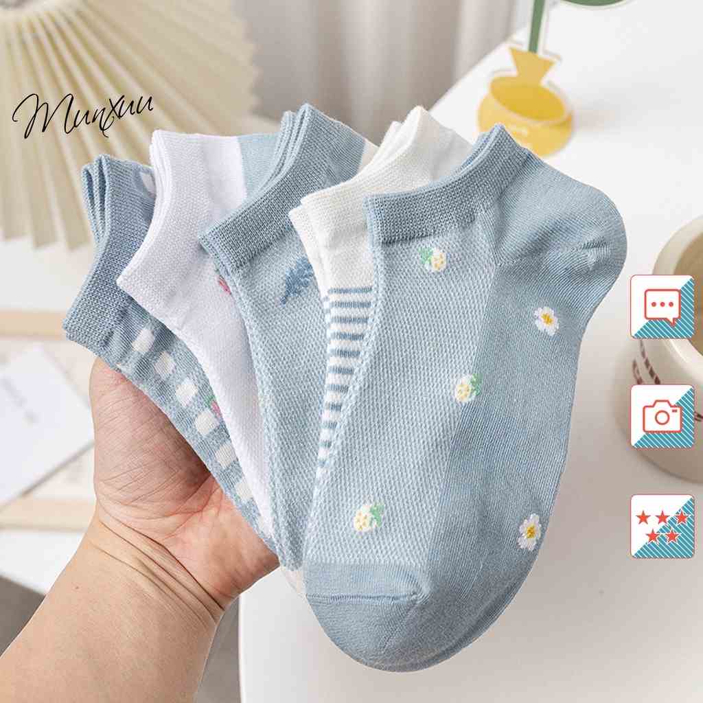 Tất nữ cổ ngắn MUNXUU họa tiết phối dâu dễ thương vải cotton co dãn thoáng mát - T14