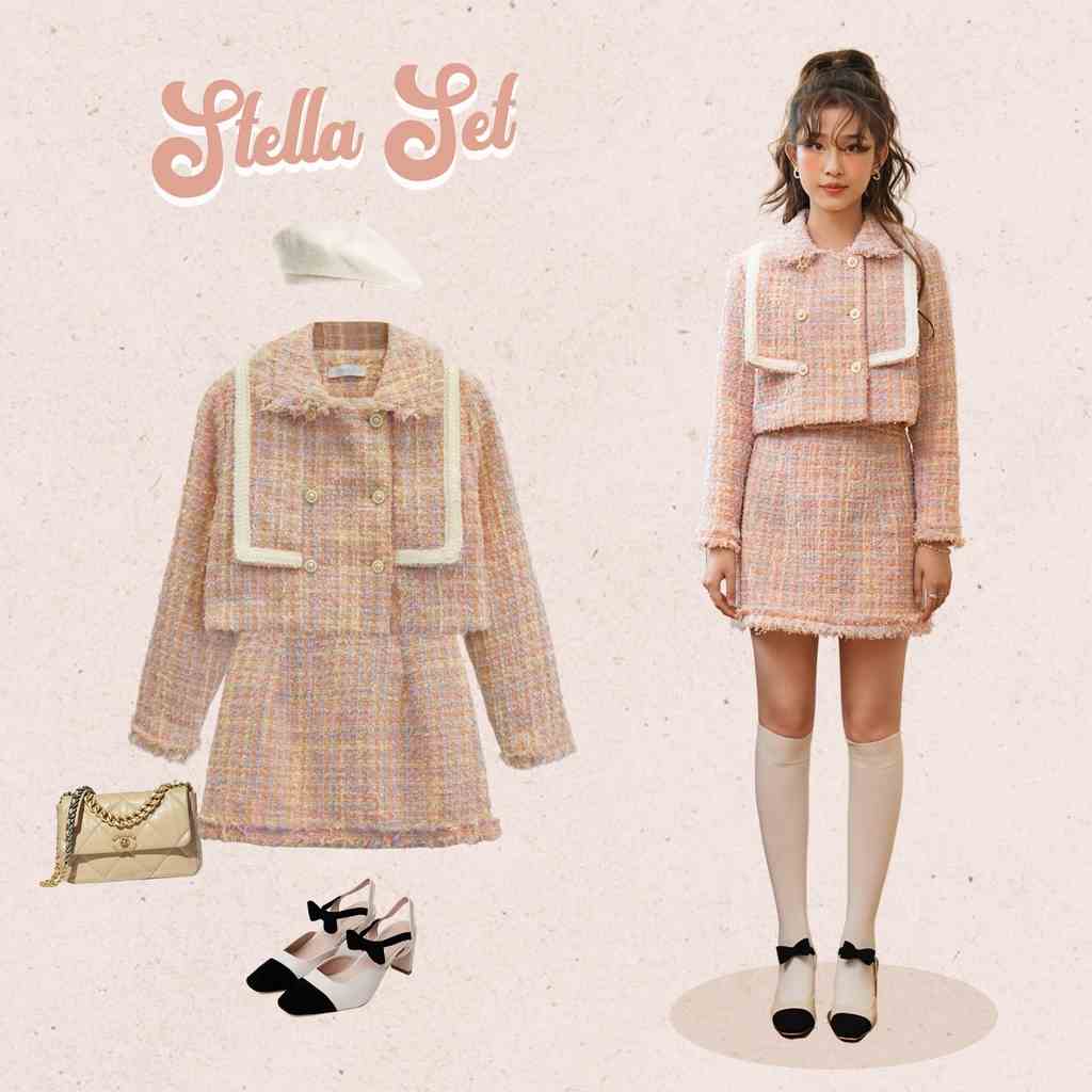 BLEUBIRD Set áo khoác và chân váy vải tweed Stella Set