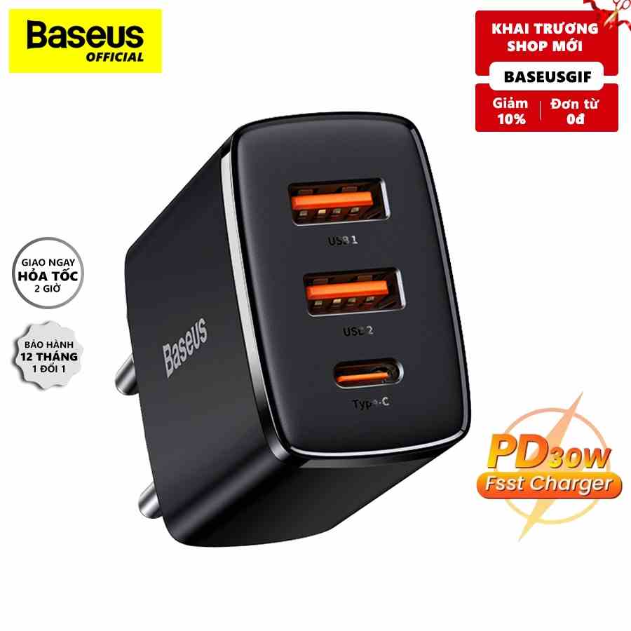 [Mã BMLTB35 giảm đến 35K đơn 99K] Củ Sạc Baseus Compact 30W PD 3 Cổng 2 USB-A & Type-C - Hàng chính hãng