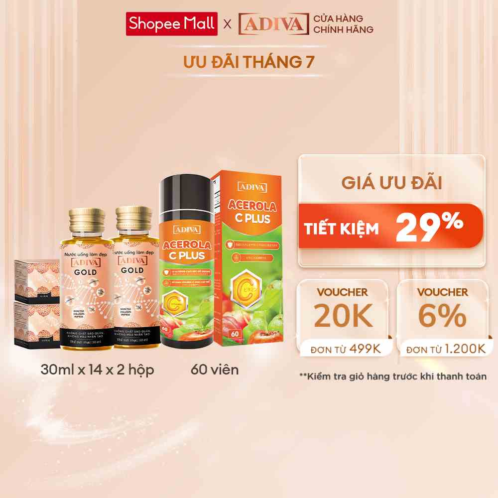 Combo 2 Hộp Nước Uống Làm Đẹp Collagen ADIVA Gold (14 Chai/Hộp) Tặng Viên Uống Bổ Sung Vitamin C Acerola C Plus 60 Viên