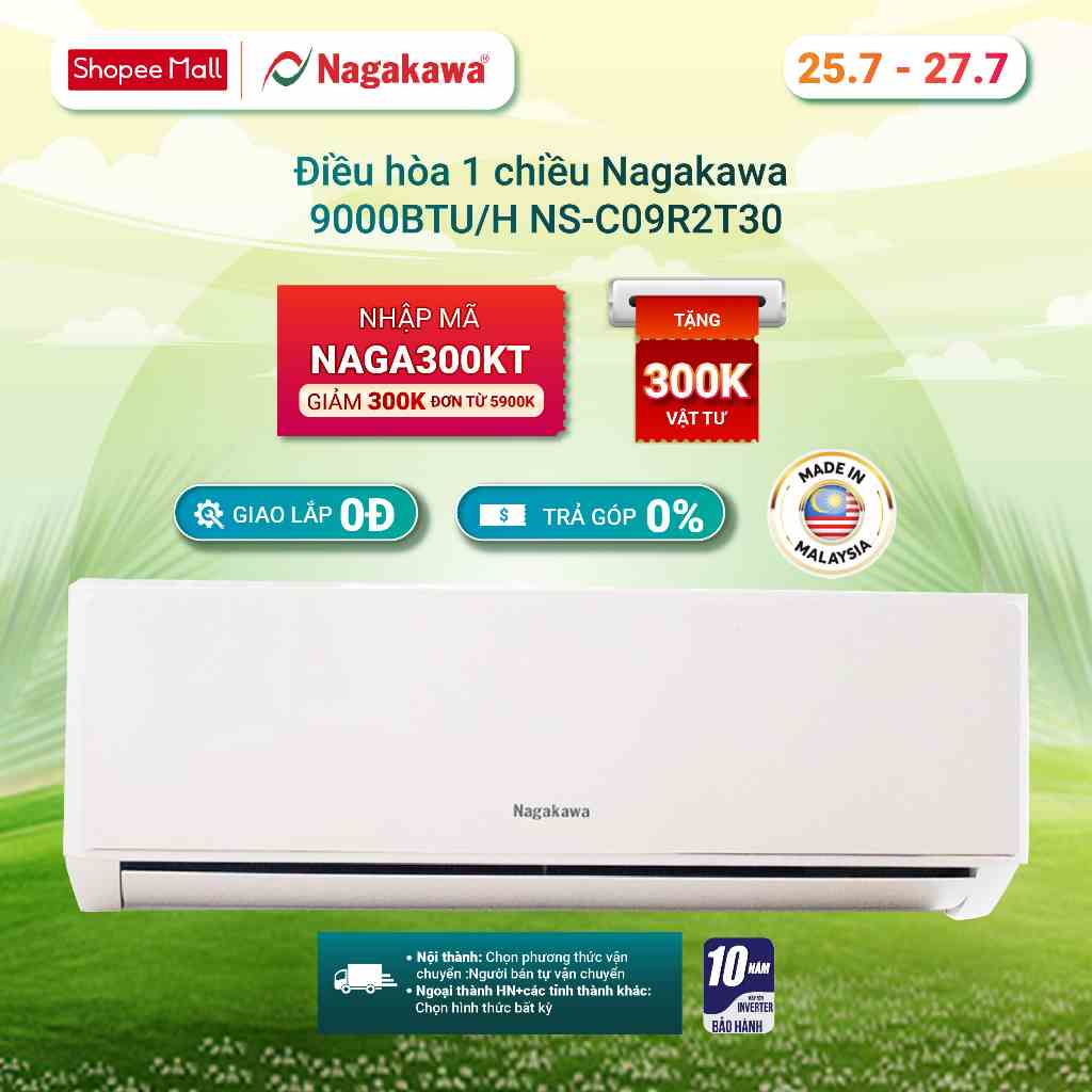 Miễn phí công lắp đặt - Điều hòa/ Máy lạnh 1 chiều Nagakawa 9000BTU (1Hp) NS-C09R2T30-Made in Malaysia - Bảo hành 2 năm