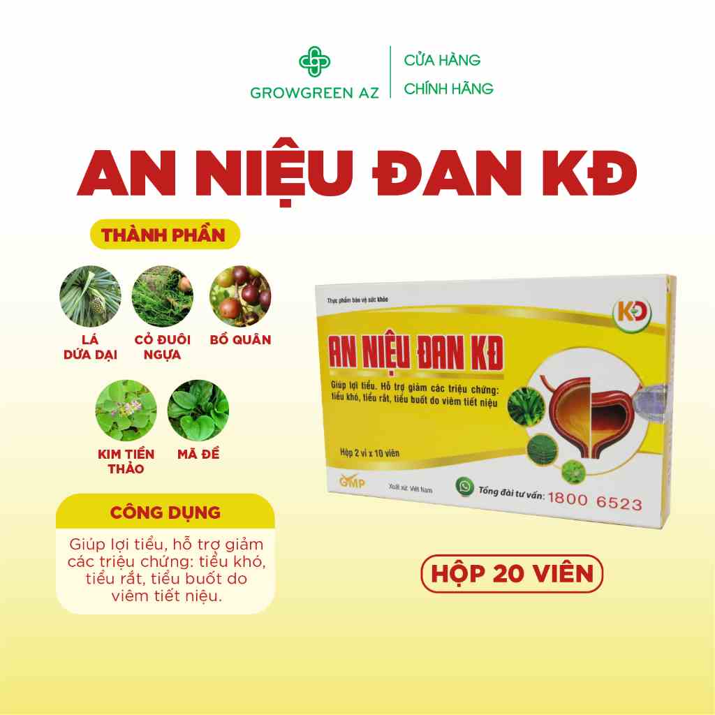 ANĐ-Viên Uống An Niệu Đan KĐ Grow Green Az Giảm Tiểu Buốt, Tiểu Rắt, Bí Tiểu Do Viêm Đường Tiết Niệu( Hộp 20 viên)