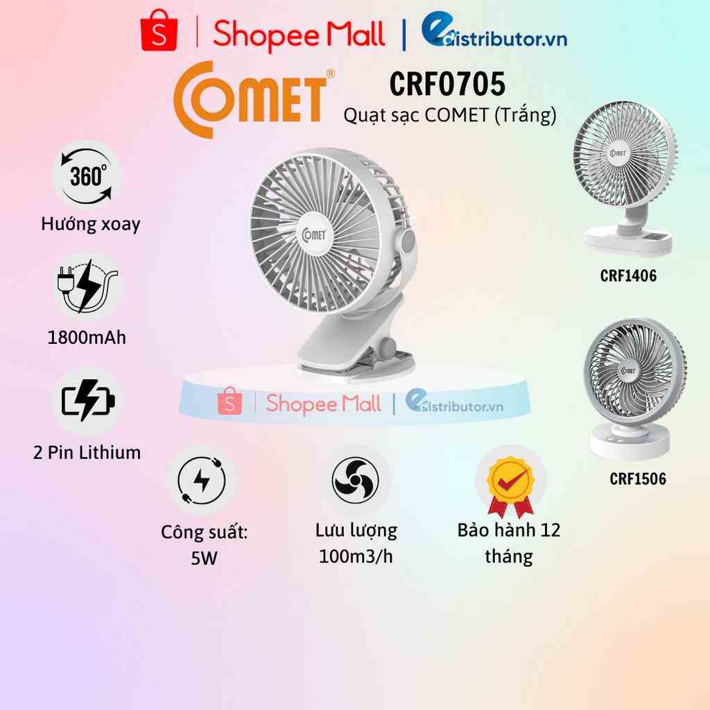 Quạt sạc tích điện COMET cho xe hơi, văn phòng CRF0705/1506/1406 - Hàng chính hãng