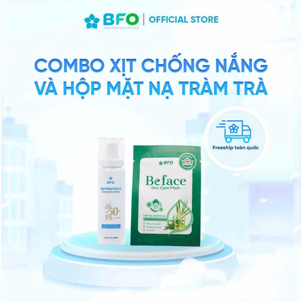 Combo Xịt chống nắng Beprotect Sunscreen Spray 50ml (Đồng) + Hộp mặt nạ tràm trà (10 miếng)