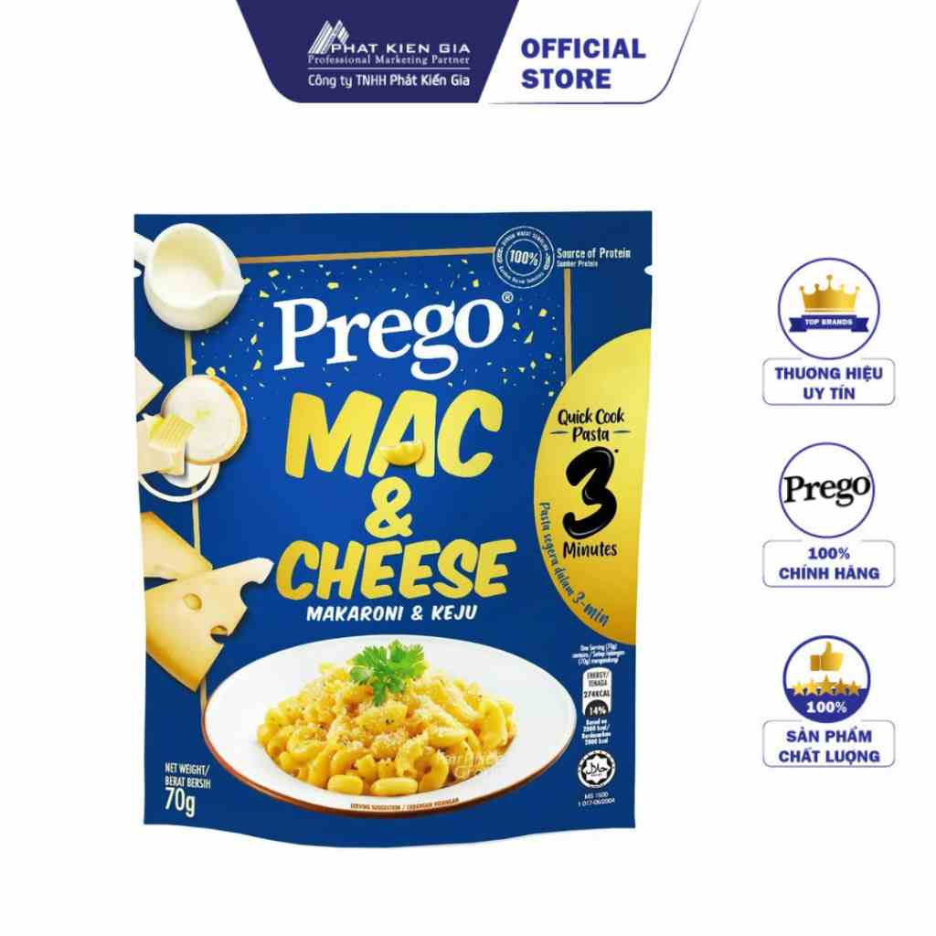 Nui Ăn Liền Macaroni & Phô Mai Prego 70g (Thương Hiệu Mỹ - SX Malaysia)