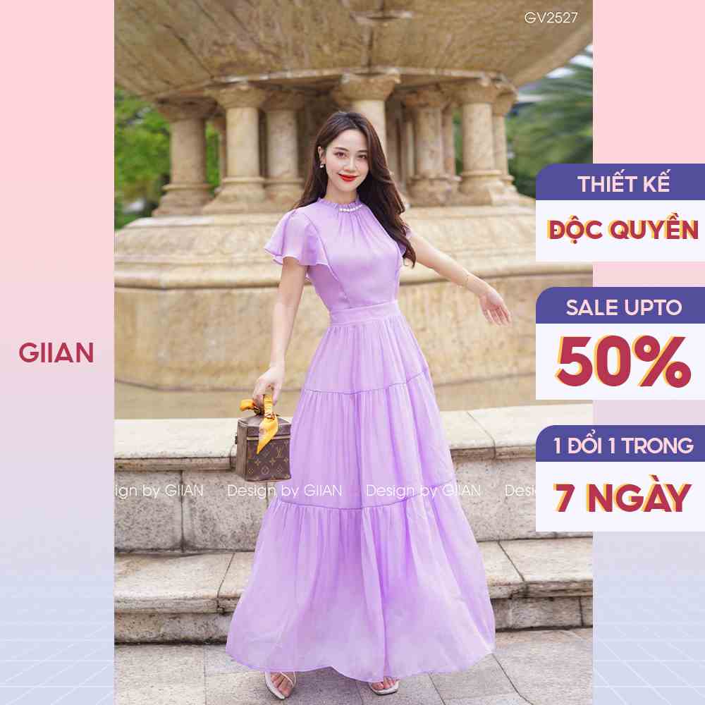 Váy đi biển maxi dáng dài thiết kế xếp ly đính ngọc phối tay cánh tiên chính hãng Giian - GV2527