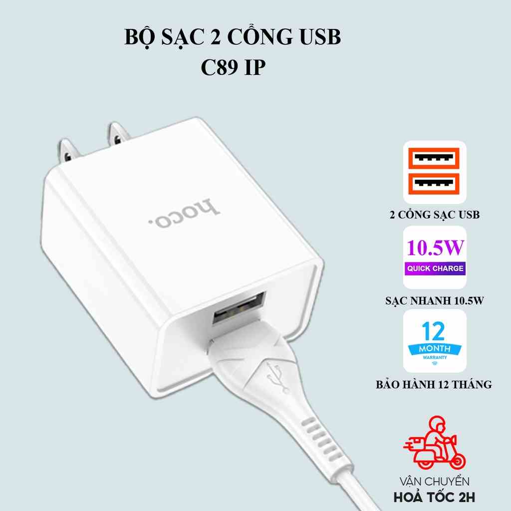 Sạc IP Hoco C89 2.1A với 2 cổng USB gồm củ và dây cáp dài 1m