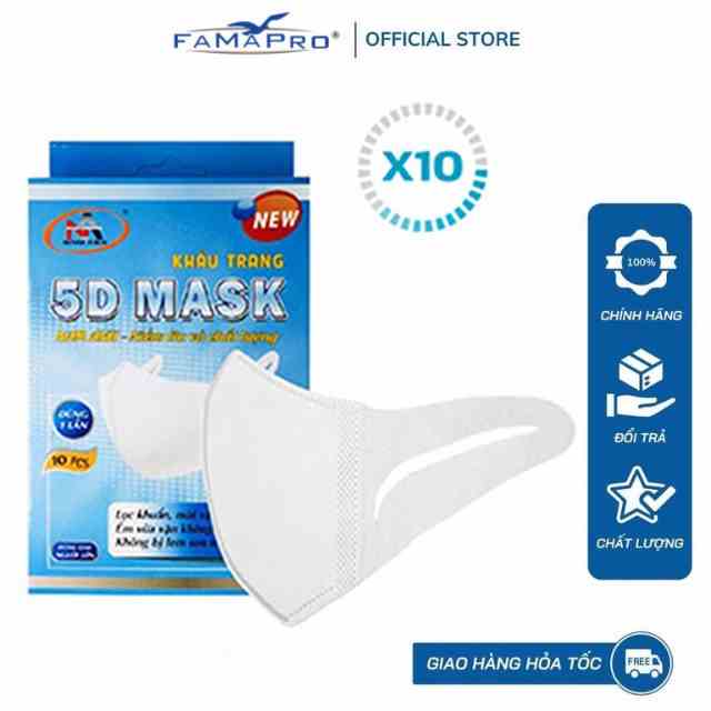 Combo 10 Hộp khẩu trang y tế kháng khuẩn 3 lớp Famapro 5D Mask dây vải cao cấp