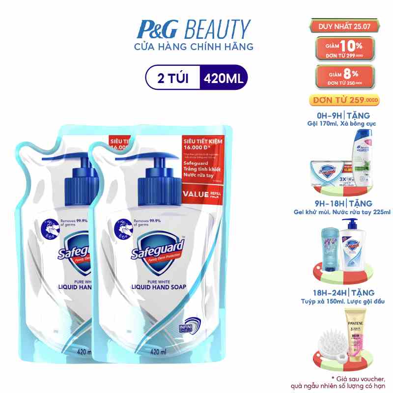 Combo 2 Nước Rửa Tay SAFEGUARD Sạch 99,9% Vi Khuẩn & Dịu Nhẹ Cho Da Túi 420ml Trắng Tinh Khiết