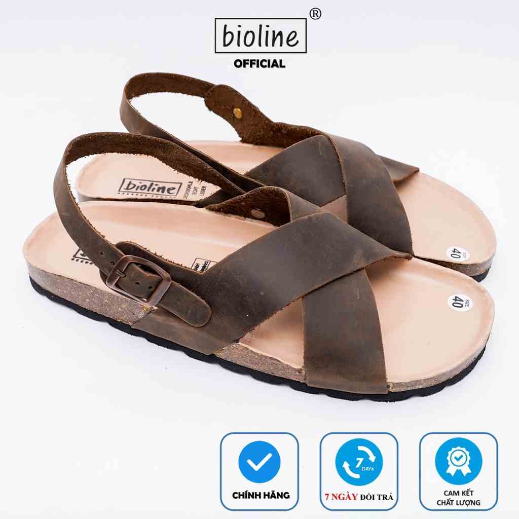 DK11 - Sandal Đế Trấu BIOLINE Official Quai Da Bò Đan Chữ X Lót Pu Kem Chống Nước