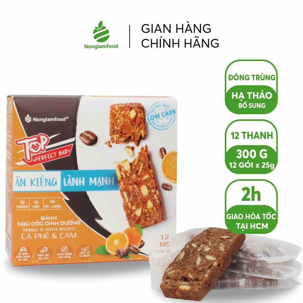 Bánh Biscotti ngũ cốc Top Perfect Bar Nonglamfood Vị Cà Phê & Cam hộp 12 thanh | Ăn Kiêng Không Béo | Dinh Dưỡng