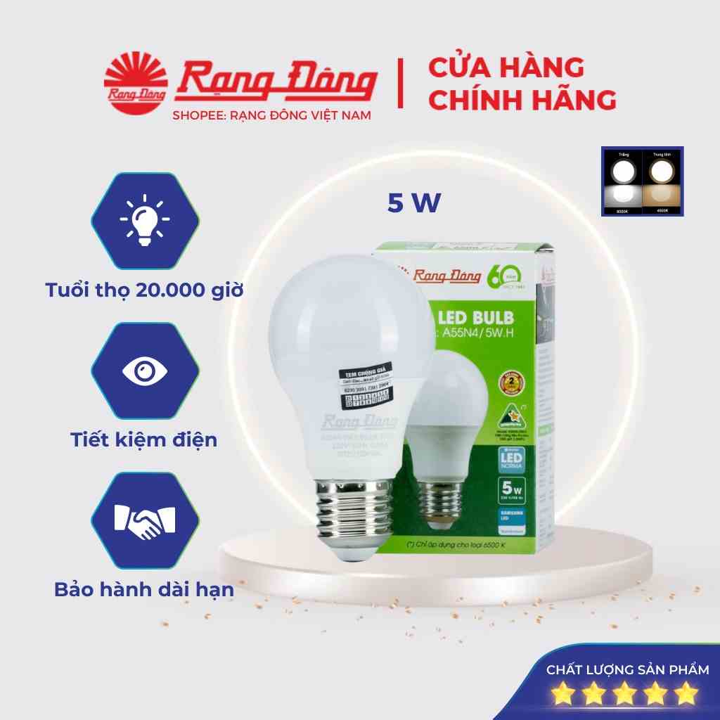 Đèn LED BULB tròn Rạng đông 5W, bub A siêu sáng tiết kiệm điện, Model LED A55N4/5W, sáng trắng và sáng vàng