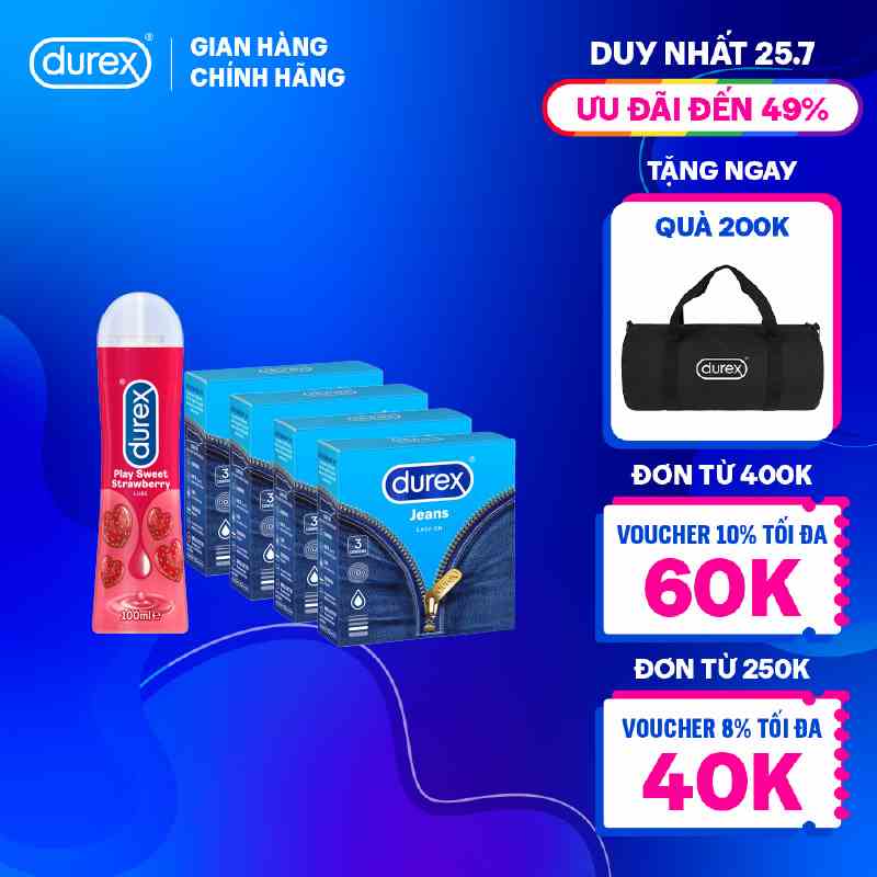 Bộ 4 hộp bao cao su Durex Jeans cơ bản (52.5mm, 3 bao/hộp) và 1 gel bôi trơn Durex Strawberry hương dâu 100ml/chai