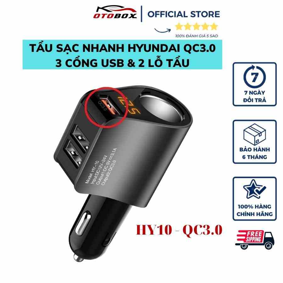 Sạc điện thoại Hyundai QC3.1 gắn trên ô tô chính hãng OTOBOX, tẩu sạc nhanh oto 3 cổng usb, có đèn leb báo điện áp