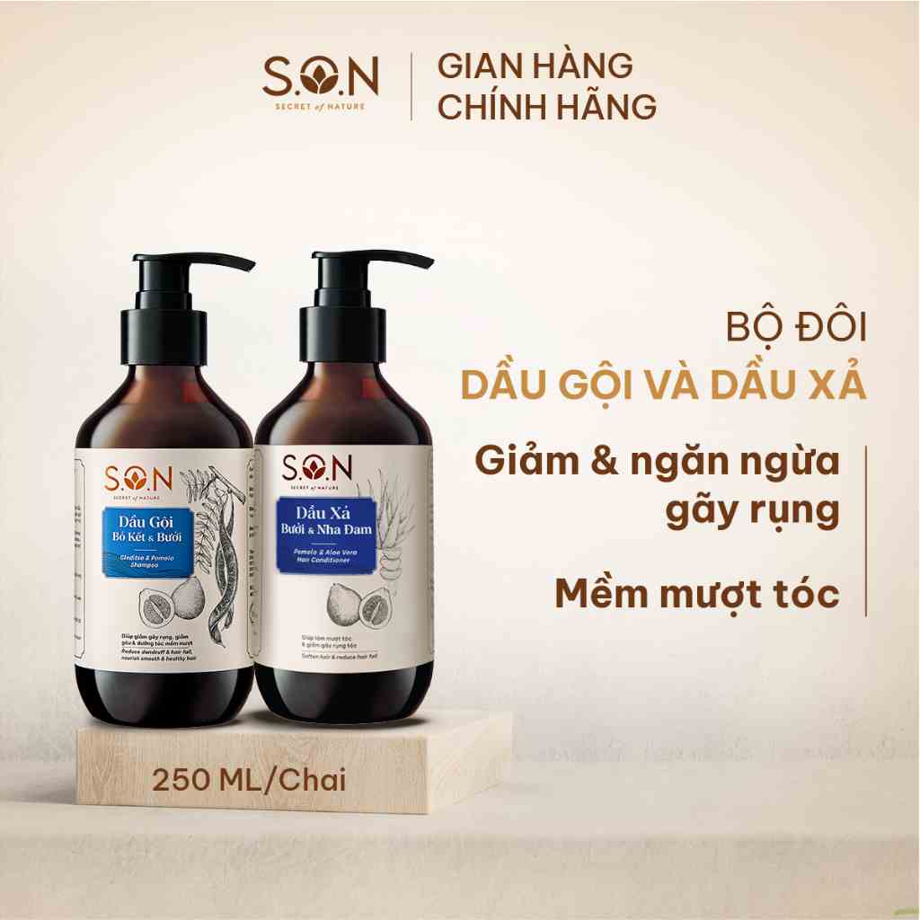 Combo 2 chai Dầu gội bồ kết & bưởi S.O.N giảm gãy rụng, giảm gàu, dưỡng mượt tóc 250ml/chai