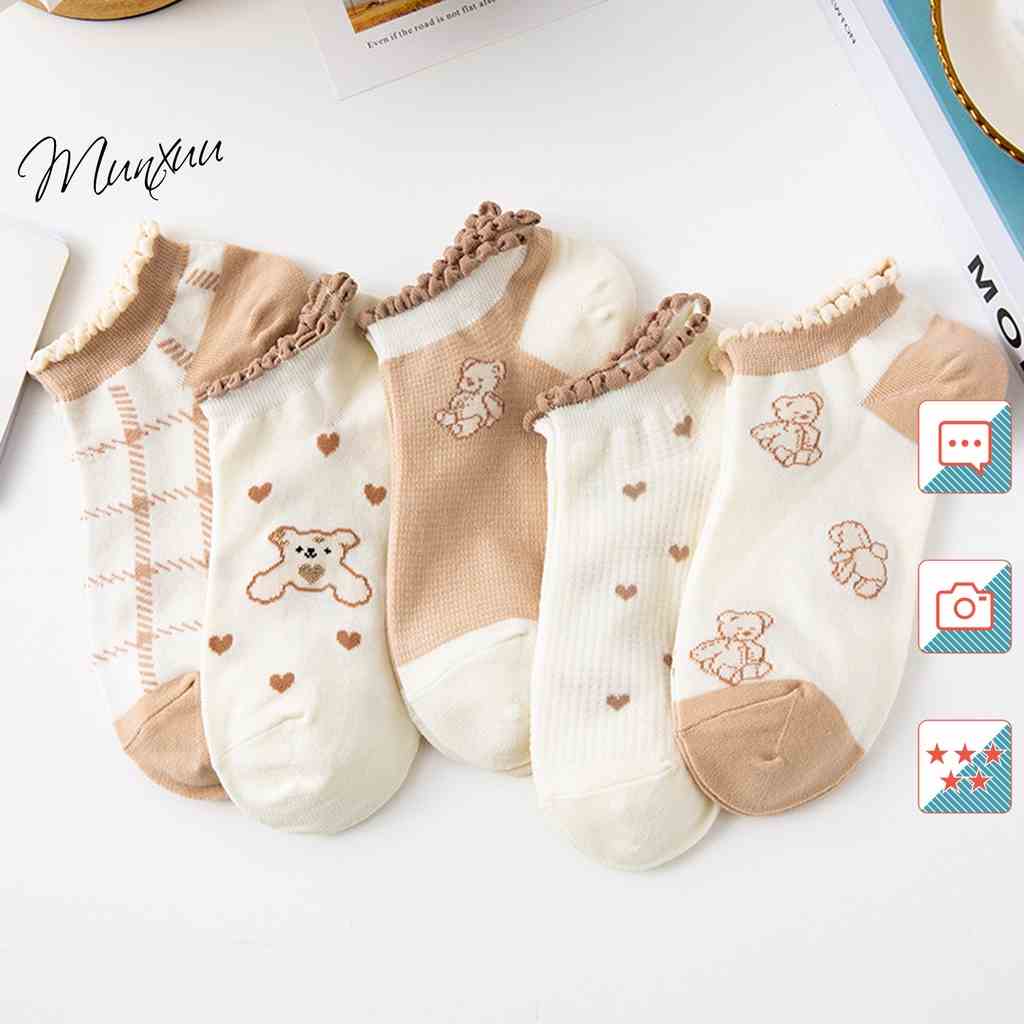 Tất nữ cổ ngắn Munxuu họa tiết gấu cổ bèo vải cotton co dãn 4 chiều thoáng khí - T10