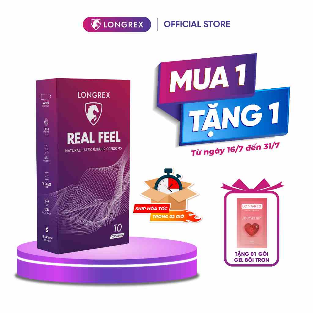 Bao cao su Longrex siêu mỏng Real Feel, nhiều gel bôi trơn, size 52mm, hương bạc hà chất lượng cao cấp hộp 10 bcs LR03