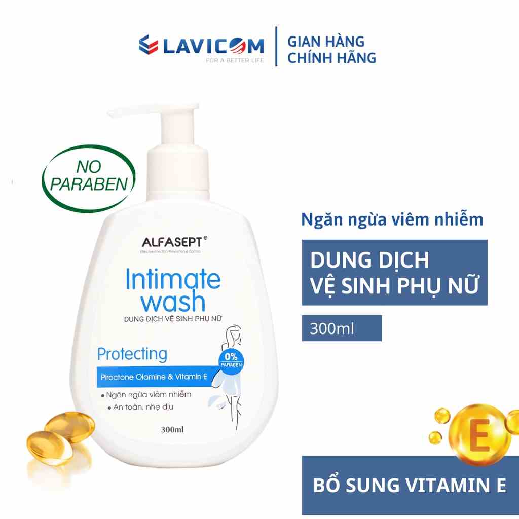 Dung dịch vệ sinh phụ nữ ALFASEPT INTIMATE WASH Protecting 300ml - Chiết xuất vitamin E ngăn nấm dưỡng ẩm trẻ hóa làn da