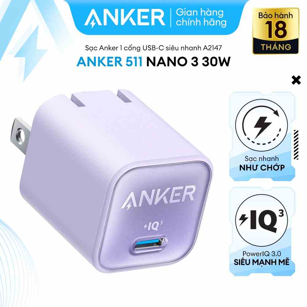 Sạc ANKER 511 Nano 3 30W 1 cổng USB-C PiQ 3.0 tương thích PD - A2147 - Hỗ trợ sạc nhanh 30W cho iPhone 13 trở lên.