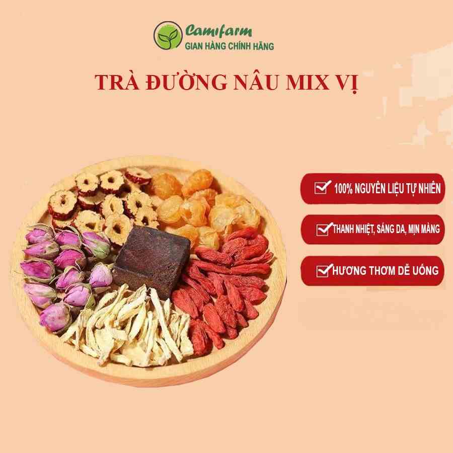 Trà đường nâu mix vị Camifarm (gồm: táo đỏ, hoa hồng, long nhãn, kỳ tử, gừng, đường nâu) hộp 30 gói