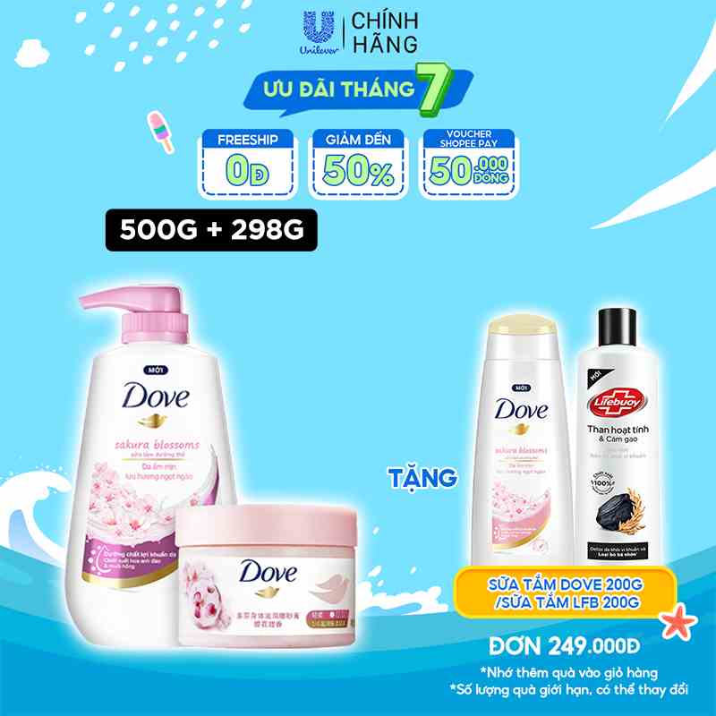 Combo Sữa tắm Dưỡng thể Dove 500g Da Mịn Hương Hoa 500g + Tẩy Da Chết Dưỡng Ẩm Dove Hương Hoa Anh Đào/ Lựu Đỏ 298g