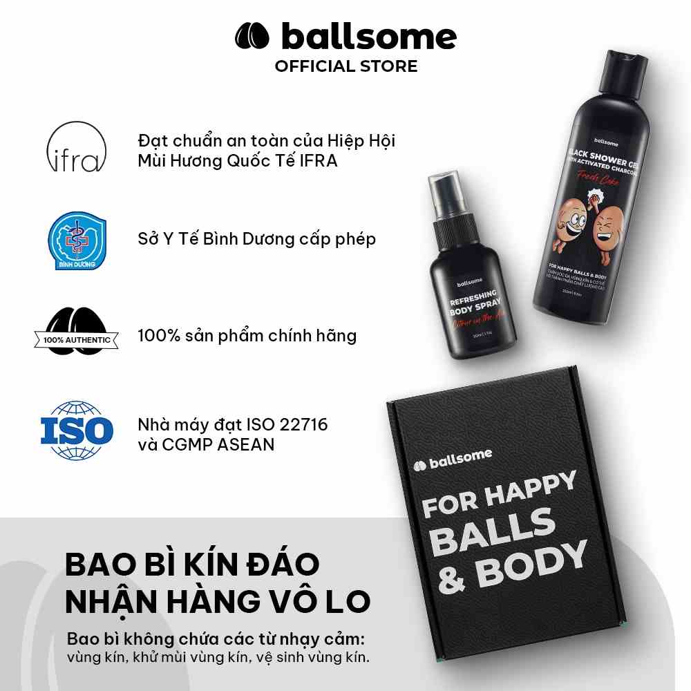 Combo Gel Tắm Than Hoạt Tính Ballsome 250ml & Xịt Thơm Toàn Thân Hương Nước Hoa Ballsome Body Spray 50ml