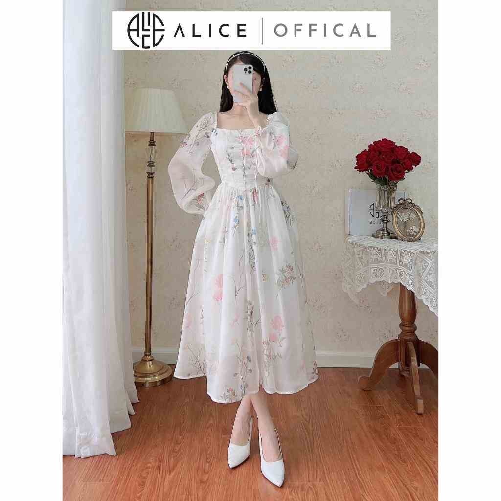 Váy Maxi Dáng Xoè Cổ Vuông Tay Bồng Cúc Ngọc ALICE Chất Tơ Óng, Lót Lụa Mềm Mịn Phong Cách Nhẹ Nhàng Nữ Tính V1075