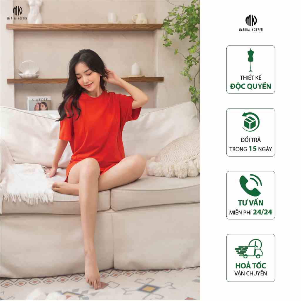 Đồ Bộ Nữ Mặc Nhà MARINA NGUYỄN, Thiết Kế Cổ Tròn, Tay Ngắn Độc Đáo, Vải Cotton Mềm Mịn, Thoáng Mát 323-013