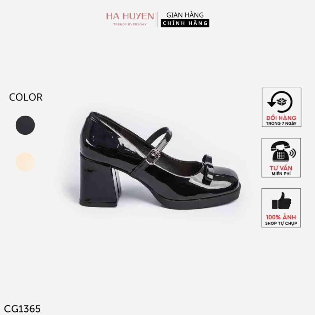 Giày cao gót nữ Hà Huyền Shoes da bóng quai ngang đính nơ nhí gót vuông 7 phân - CG1365