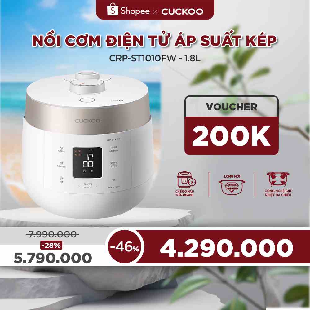 [Mã ELHACE02 giảm 12% đơn 2TR] Nồi cơm điện tử áp suất kép Cuckoo 1.8L CRP-ST1010FW - Lòng nồi phủ men Xwall độc quyền