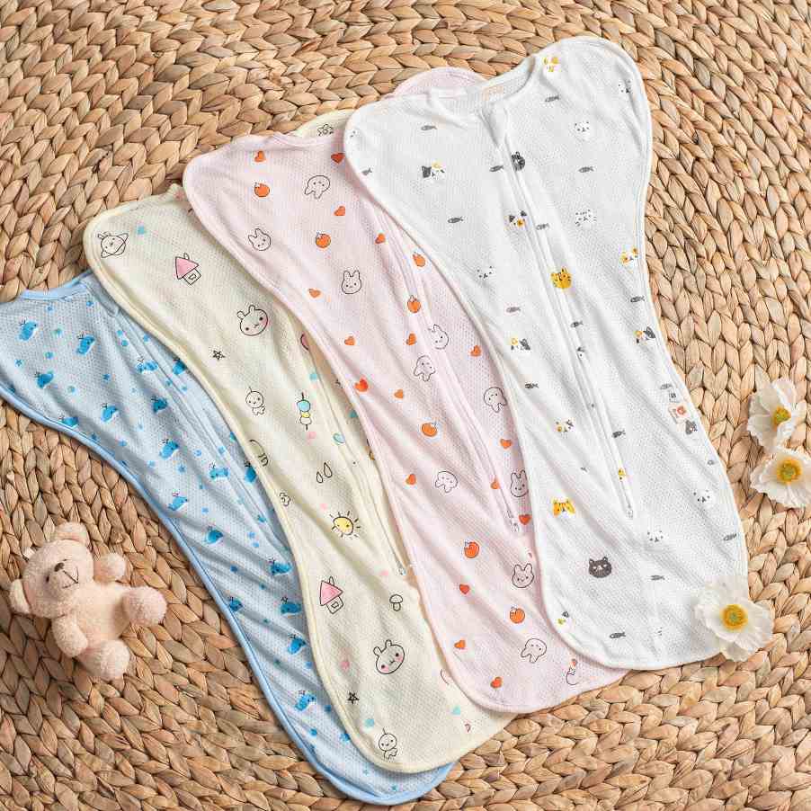 Nhộng chũn quấn chũn Kidandmom vải lưới cotton thông hơi cho bé sơ sinh giúp bé ngủ ngon ngủ sâu giấc không giật mìn