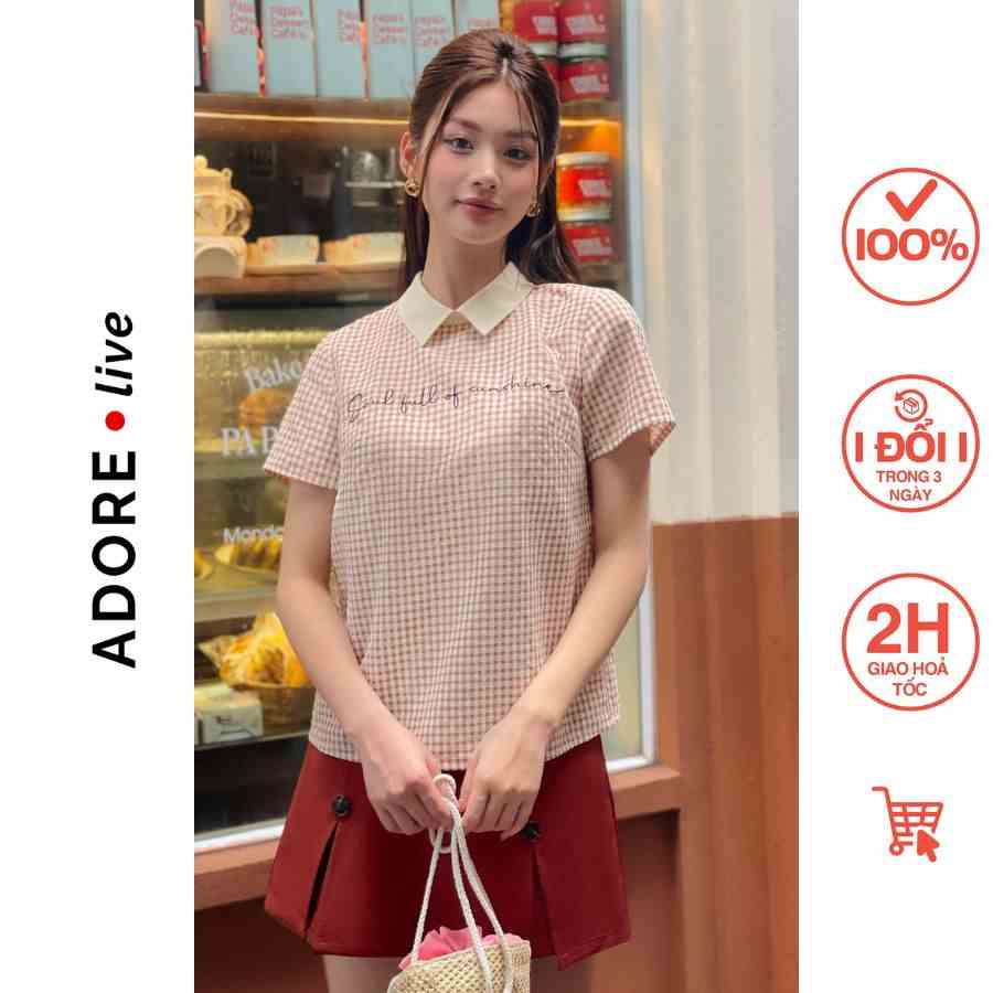 Áo sơ mi Basic tops casual style thô karo nhí cam san hô và navy 321TO0003 ADORE DRESS