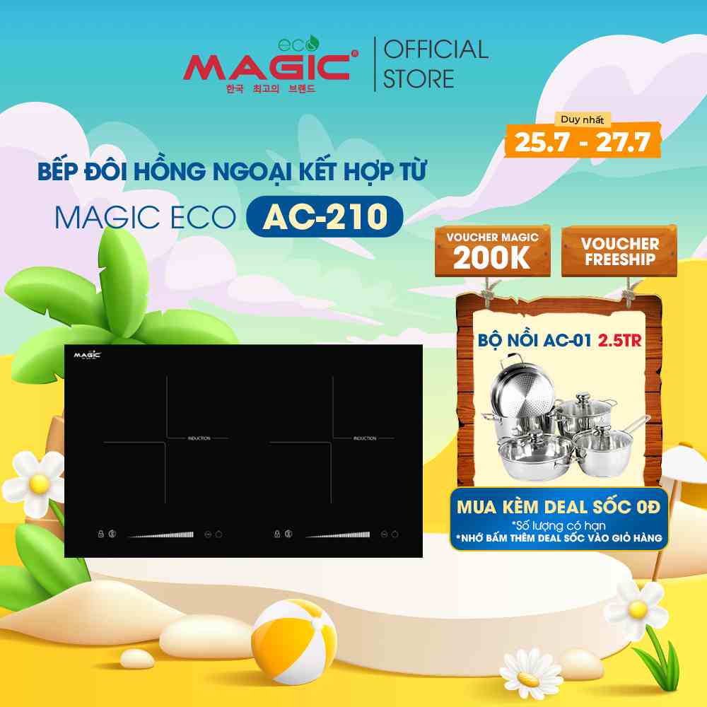 Bếp điện từ đôi Magic Eco AC-210 MADE IN MALAYSIA,viền bếp bằng inox sáng bóng với khóa an toàn,bảo hành chính hãng 30th