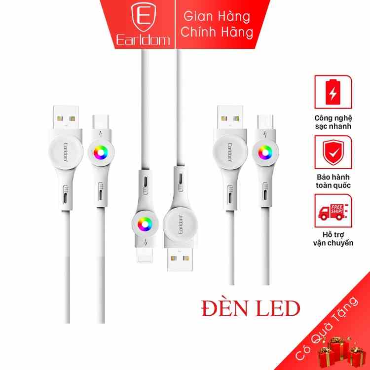 Cáp sạc nhanh 3A có đèn led chính hãng Earldom EC135 dây bọc nhựa TPF cao cấp chống rối và chống đứt cực tốt