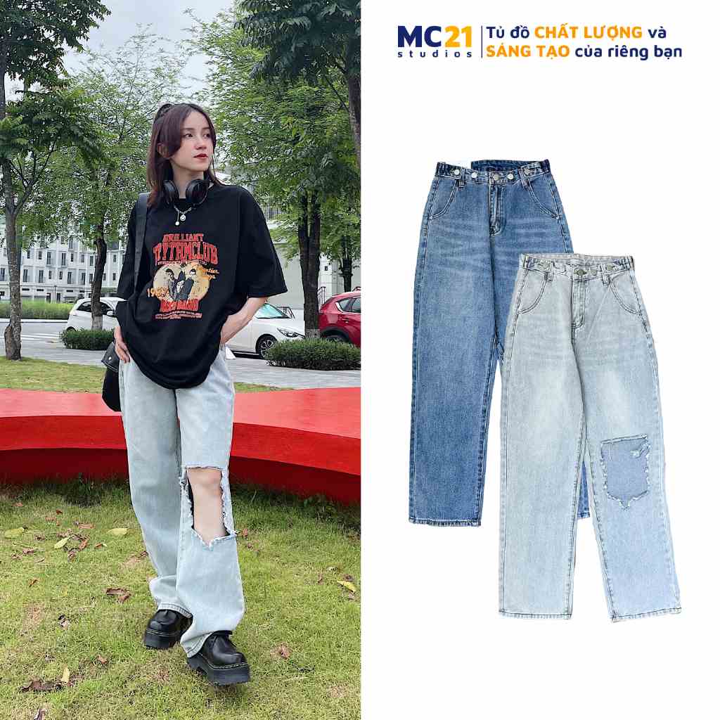 Quần jeans suông rách cutout MINIONCLOTHING lưng cạp cao Unisex nam nữ pants bigsize Ulzzang Streetwear Hàn Quốc Q607