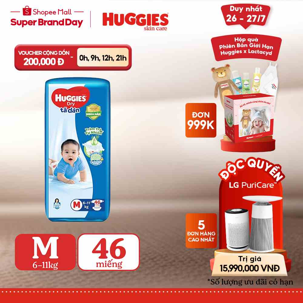 Tã dán Huggies Tràm Trà Tự Nhiên Dry M46/L40/XL36/XXL33:M46