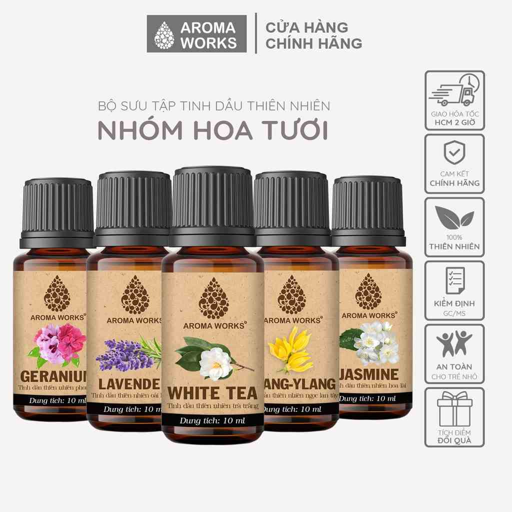 Tinh dầu thơm phòng Aroma Works hoa Oải Hương - Hoa Lài - Phong Lữ - Trà Trắng - Ylang làm nến thơm