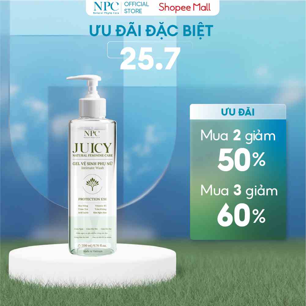 Dung dịch vệ sinh phụ nữ NPC Juicy chai 200ml tinh chất trầu không kháng khuẩn tự nhiên